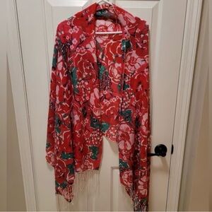 Lilly Pulitzer Pink Green Floral Cashmere Silk Large Fringe Scarf